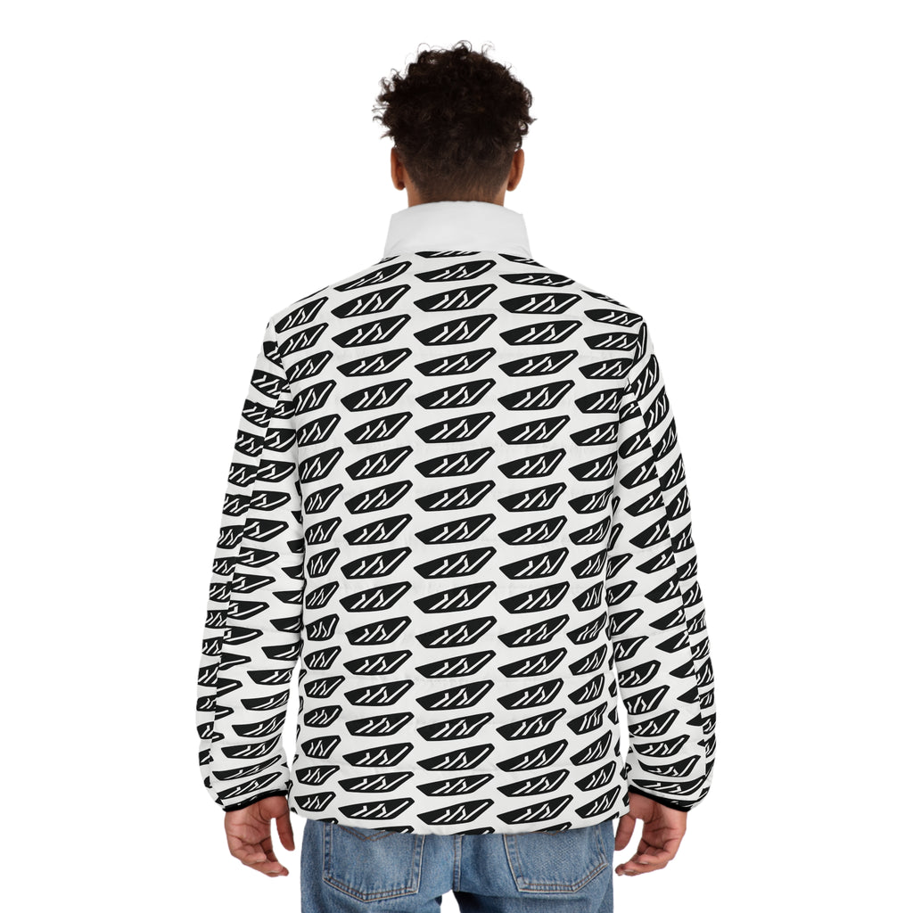 Men's Patterned Puffer Jacket — Black White Graphic All-Over Print