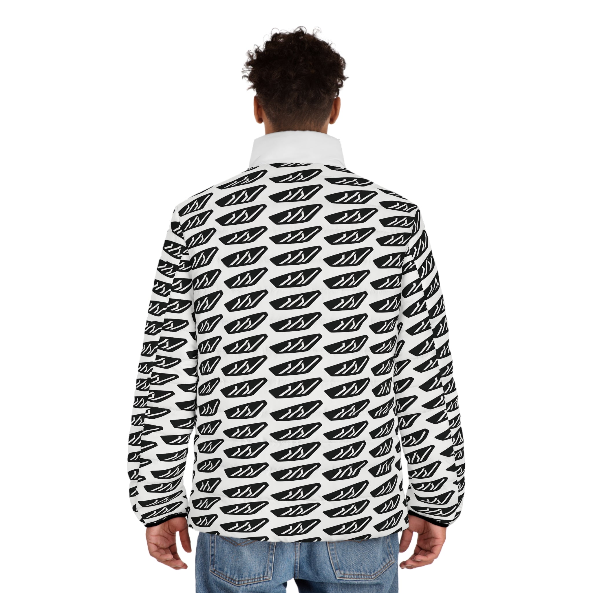 Men's Patterned Puffer Jacket — Black White Graphic All-Over Print