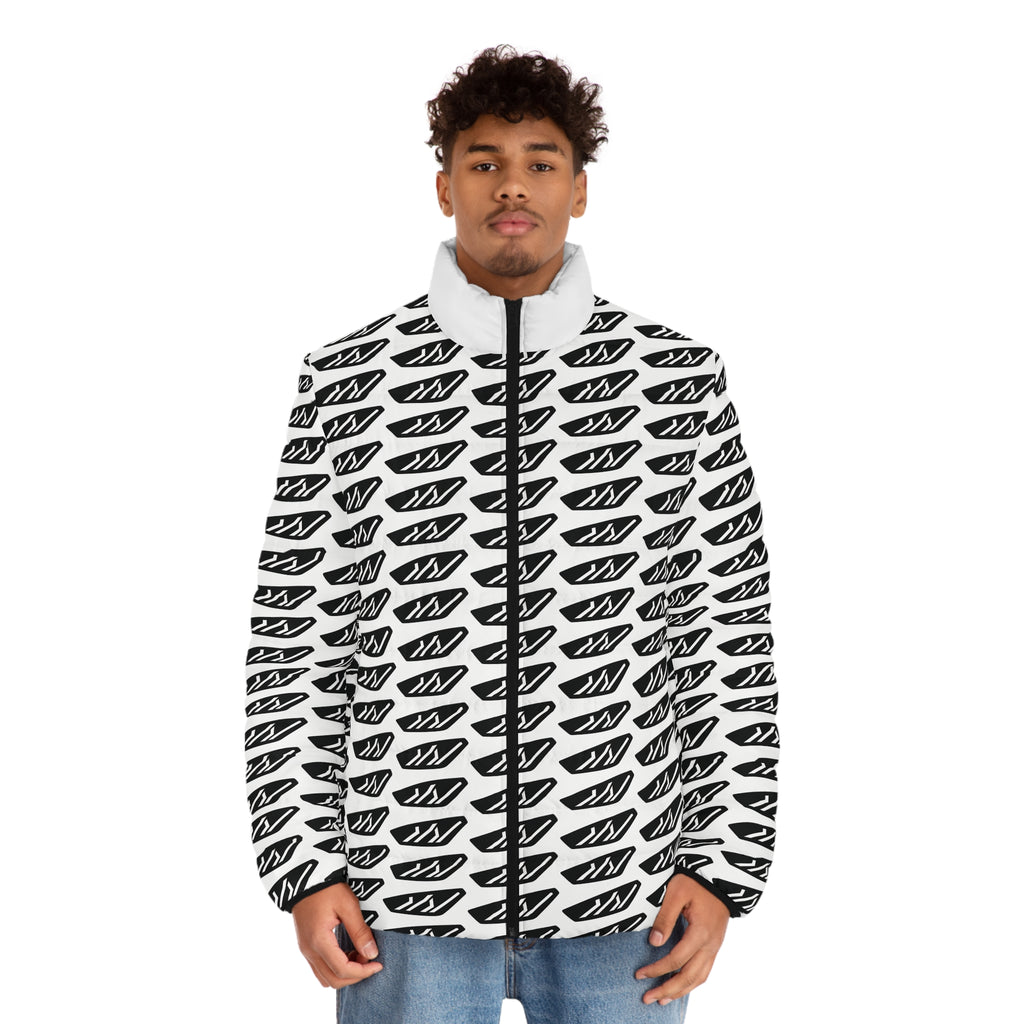 Men's Patterned Puffer Jacket — Black White Graphic All-Over Print