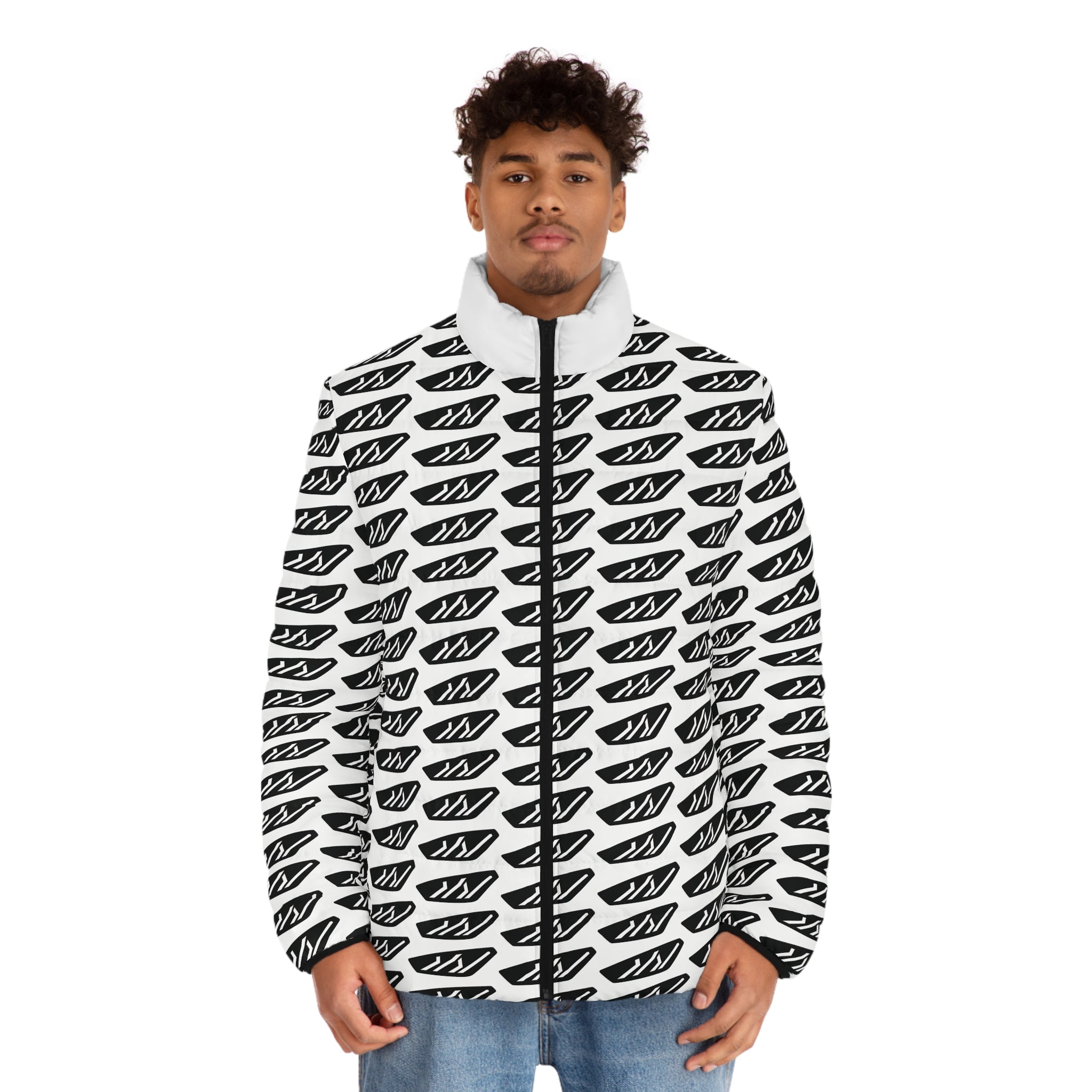 Men's Patterned Puffer Jacket — Black White Graphic All-Over Print