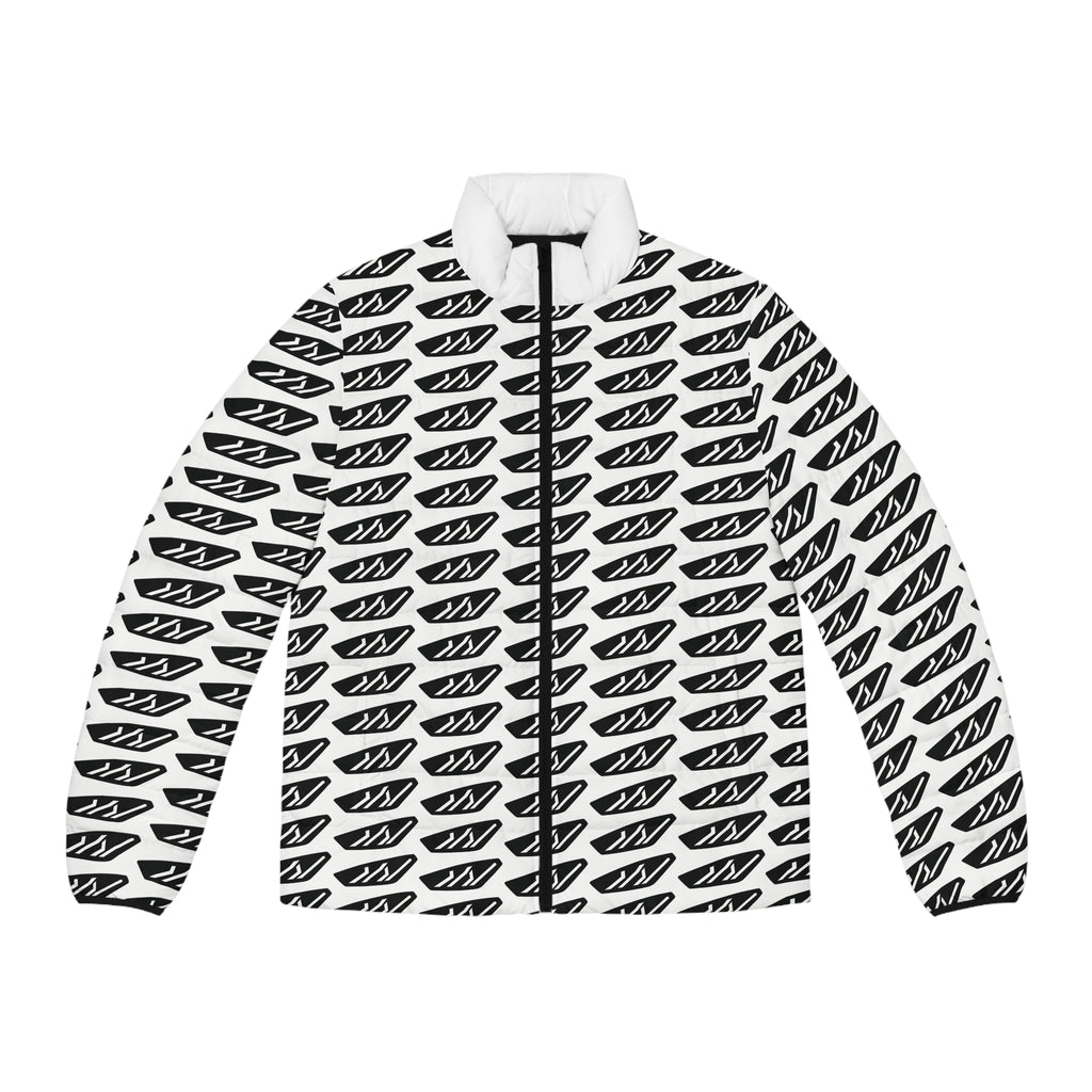 Men's Patterned Puffer Jacket — Black White Graphic All-Over Print