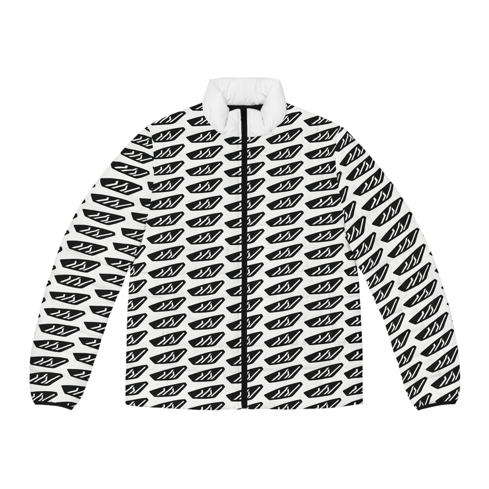 Men's Patterned Puffer Jacket — Black White Graphic All-Over Print