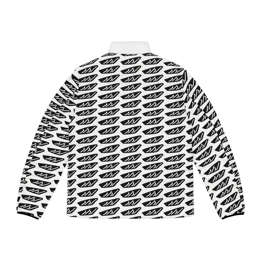 Men's Patterned Puffer Jacket — Black White Graphic All-Over Print