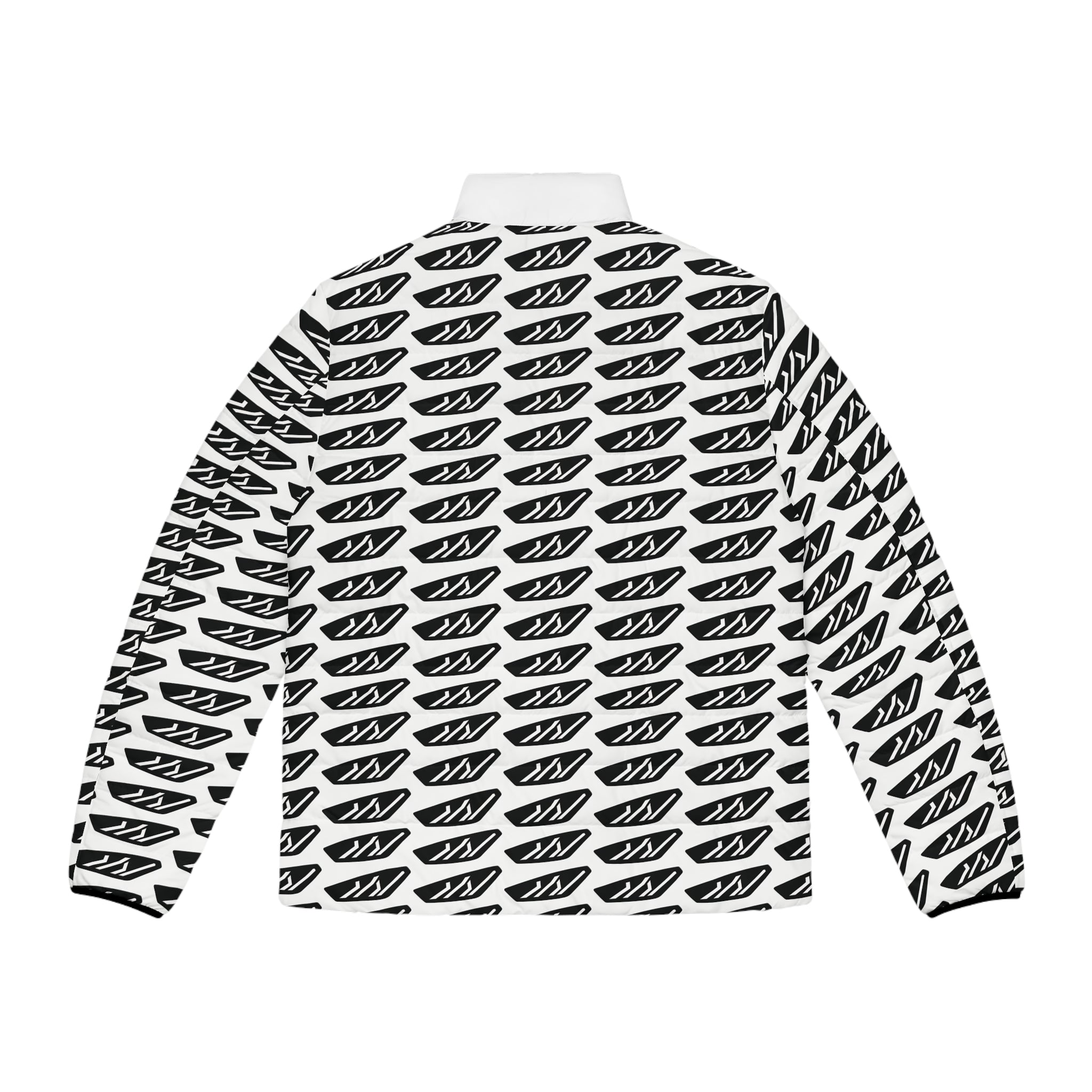 Men's Patterned Puffer Jacket — Black White Graphic All-Over Print