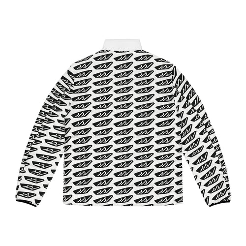 Men's Patterned Puffer Jacket — Black White Graphic All-Over Print